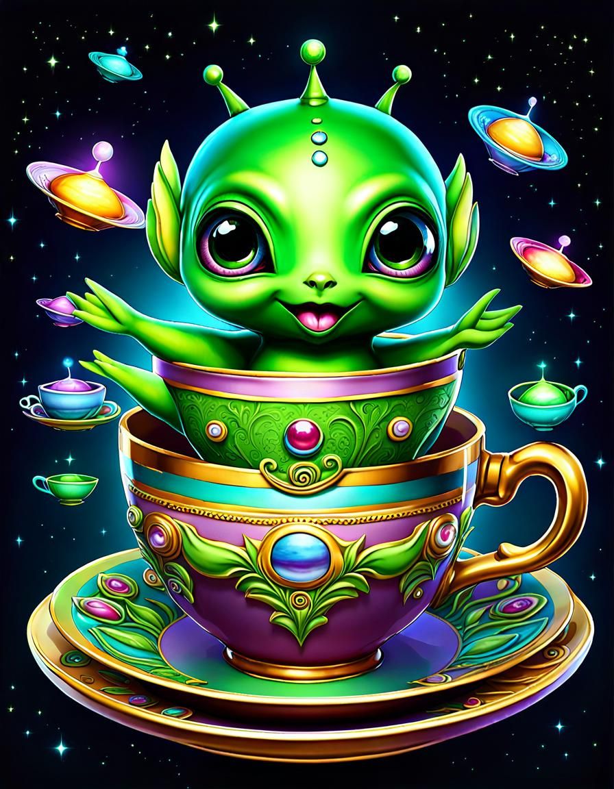 Adorable Alien Invasion in Cups and Saucers AI Generated Artwork