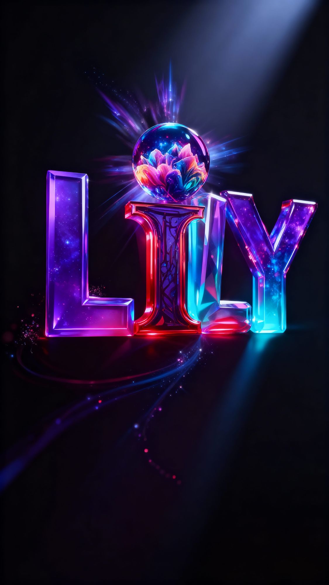 "Typography artwork spelling the name 'LILY' in ultra-max 3D, hyper-realistic style, each letter crafted from glowing, luminescent materials...