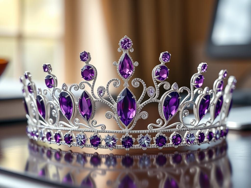 A white gold tiara with purple gemstones on a desk.  4k resolution, highly detailed, dreamlike, dynamic ...  by @Maids Are Life Maids are Justice