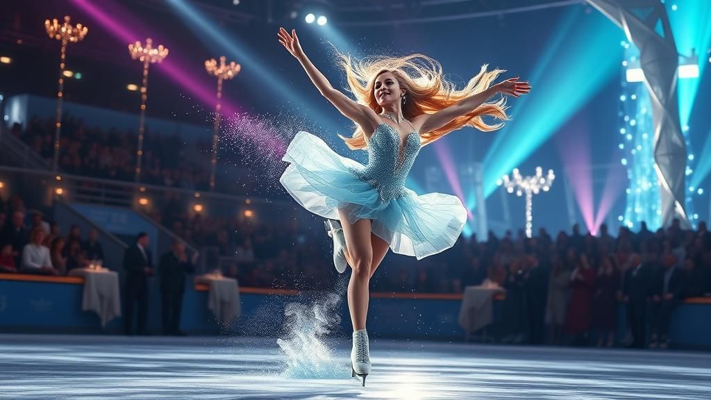 A figure skater with a very pretty face shows a pyrouette in...