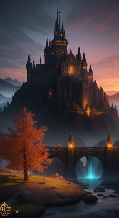 Gothic Castle with Golden Waterfall: Fantasy Concept Art