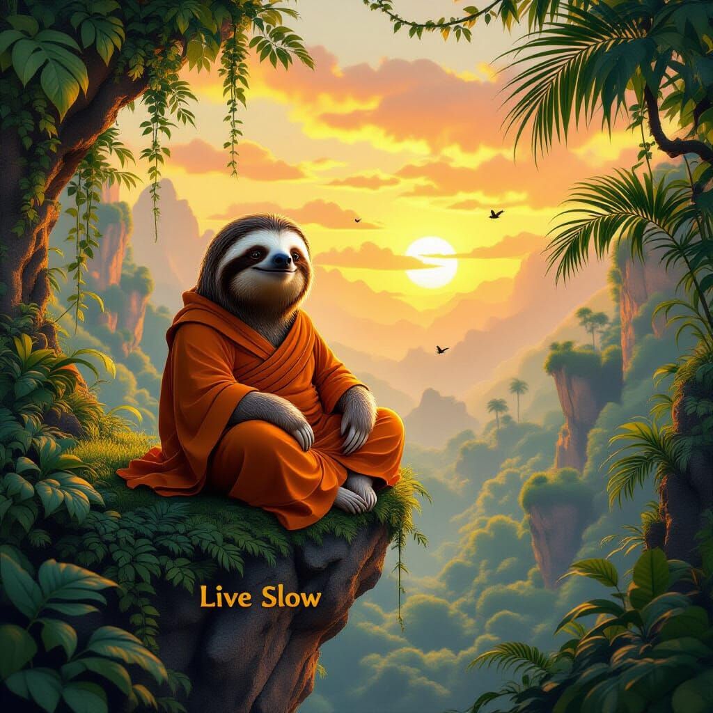 Фантазийная карикатурная сцена в тропическом лесу Амазонии.гиперреализм 8к.
На краю скалы сидит ленивец в позе тибетского монаха И В ОРАНьЖЕ...