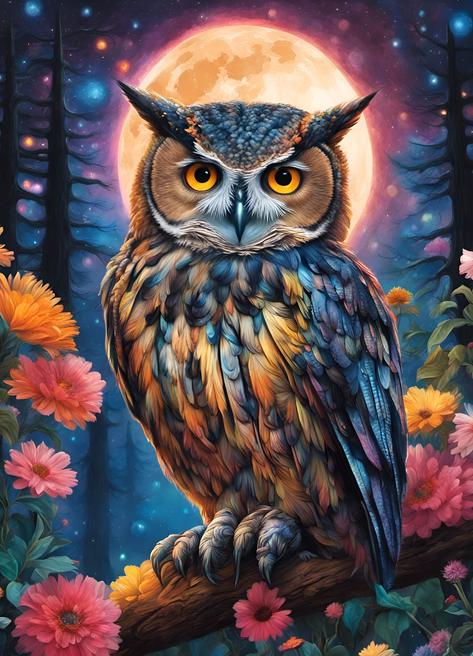 3D, bioluminescent , vibrantly colored and shimmery owl portrait. - AI ...