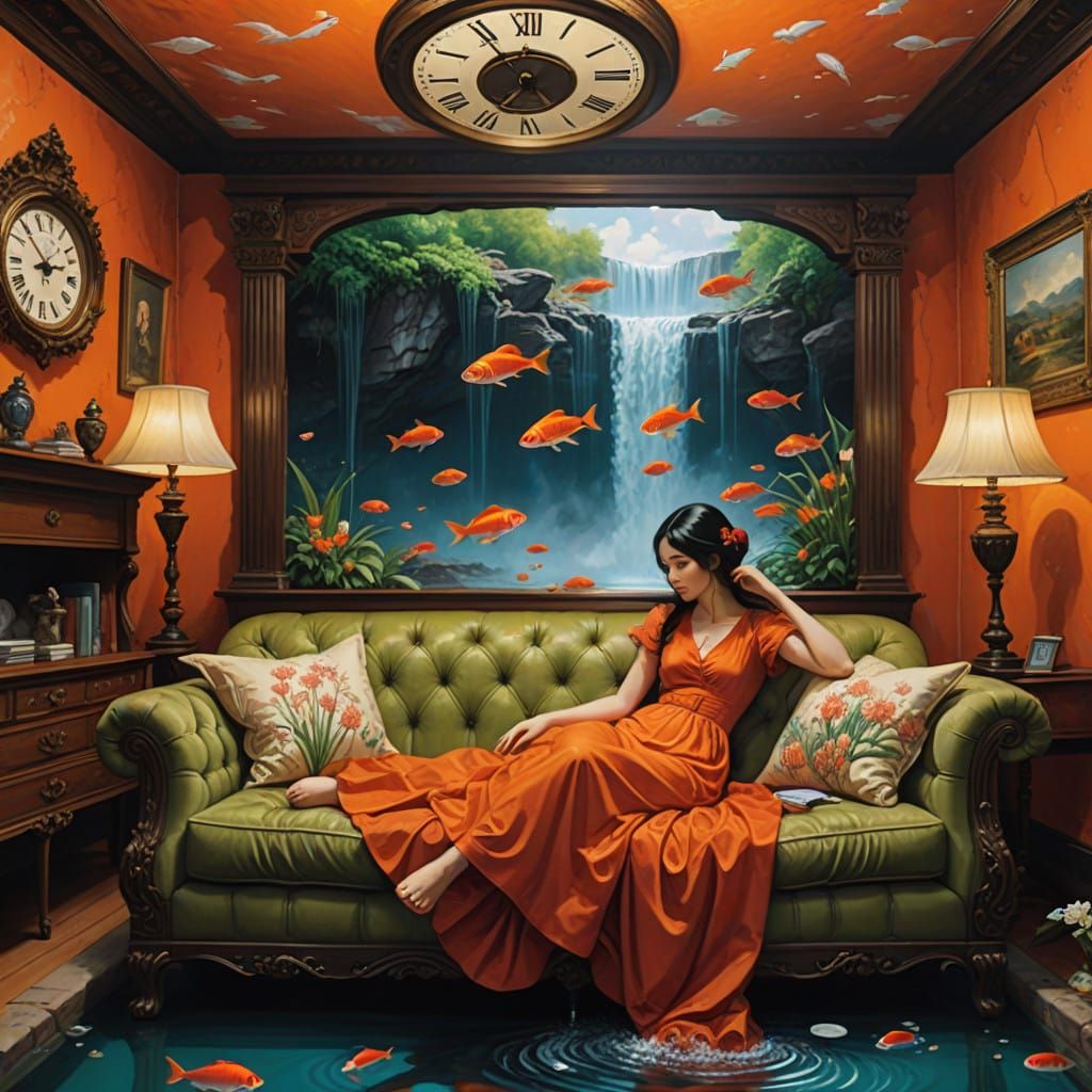 Surreal Waterfall Scene with Brunette Woman and Clock