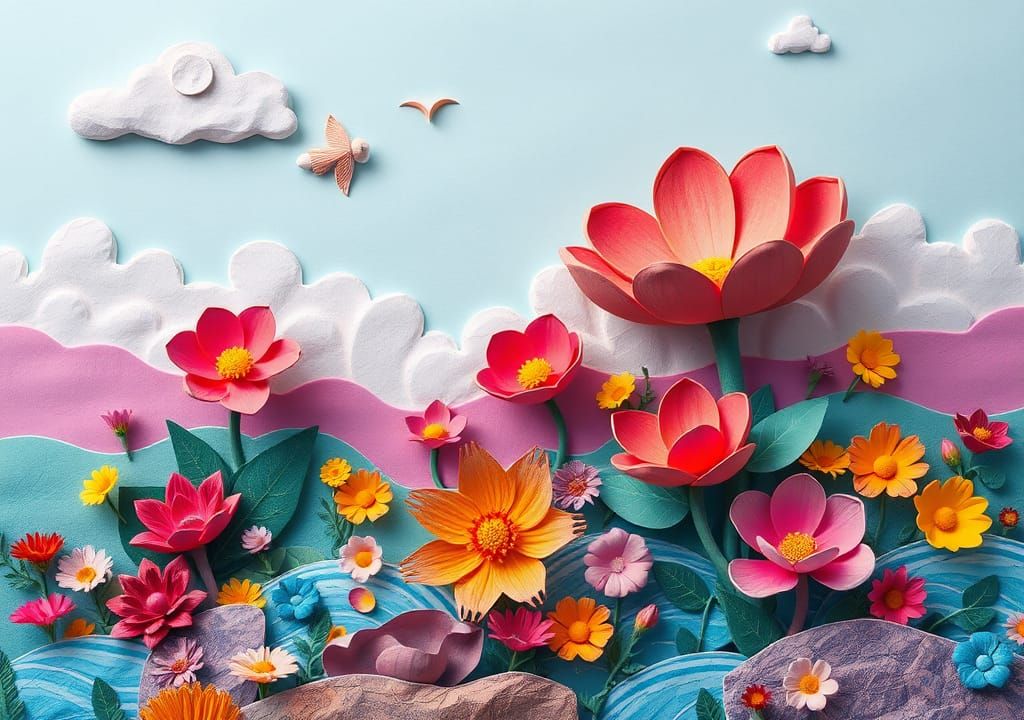 A striking paper-mâché collage depicting a surreal landscape...