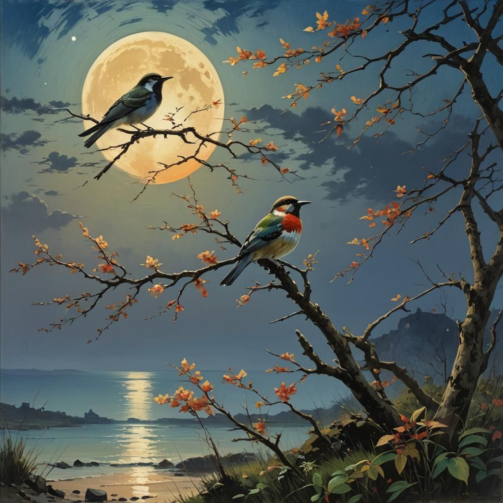 Stunning bird under the full moon , light at dawn, colorful,...