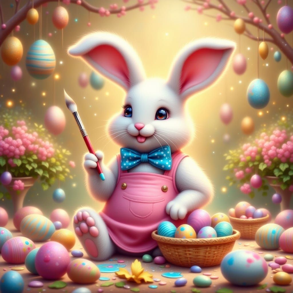 The image appears to depict a cute Easter bunny busy painting eggs. He is wearing a pink apron and a ...  by @Likvi