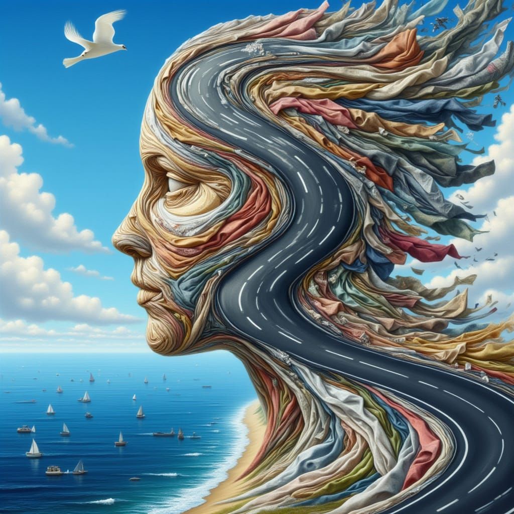 <lora:kak-FabricFace:1.0>Face created entirely of messy fabrics, clothes, trash patterns, junk, profile, a highway passing through the mouth...