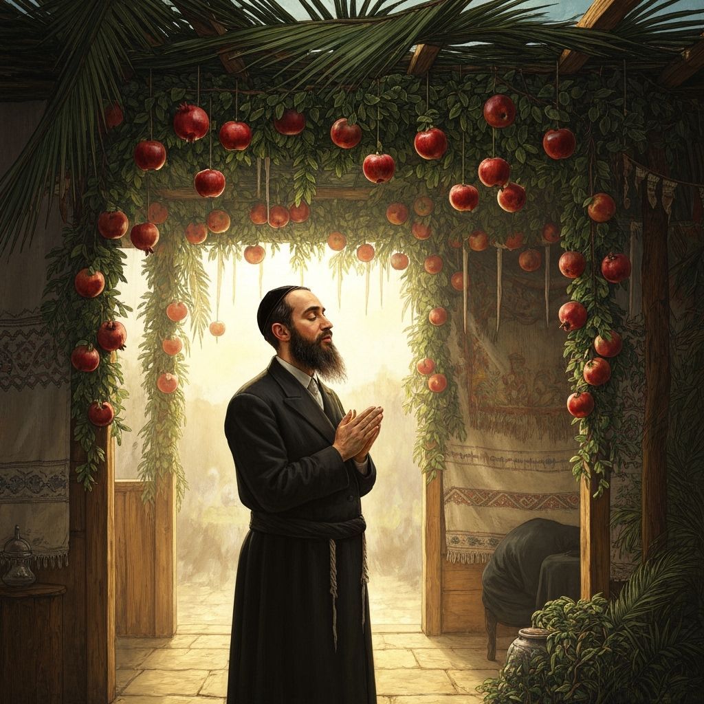 Devout Man Prays in Ornate Sukkah with Radiant Light