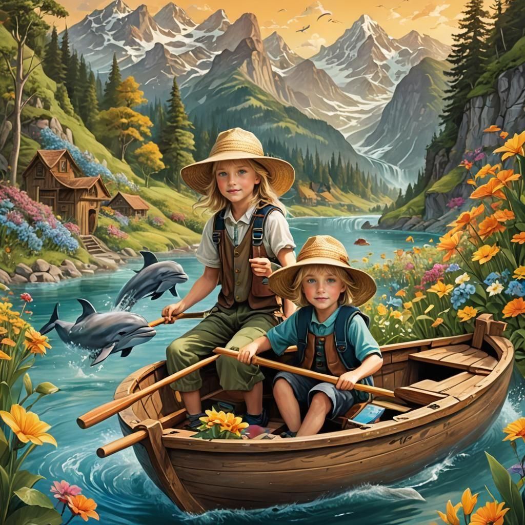 Twins aged 10 with a sun hat, with blond hair and green eyes...