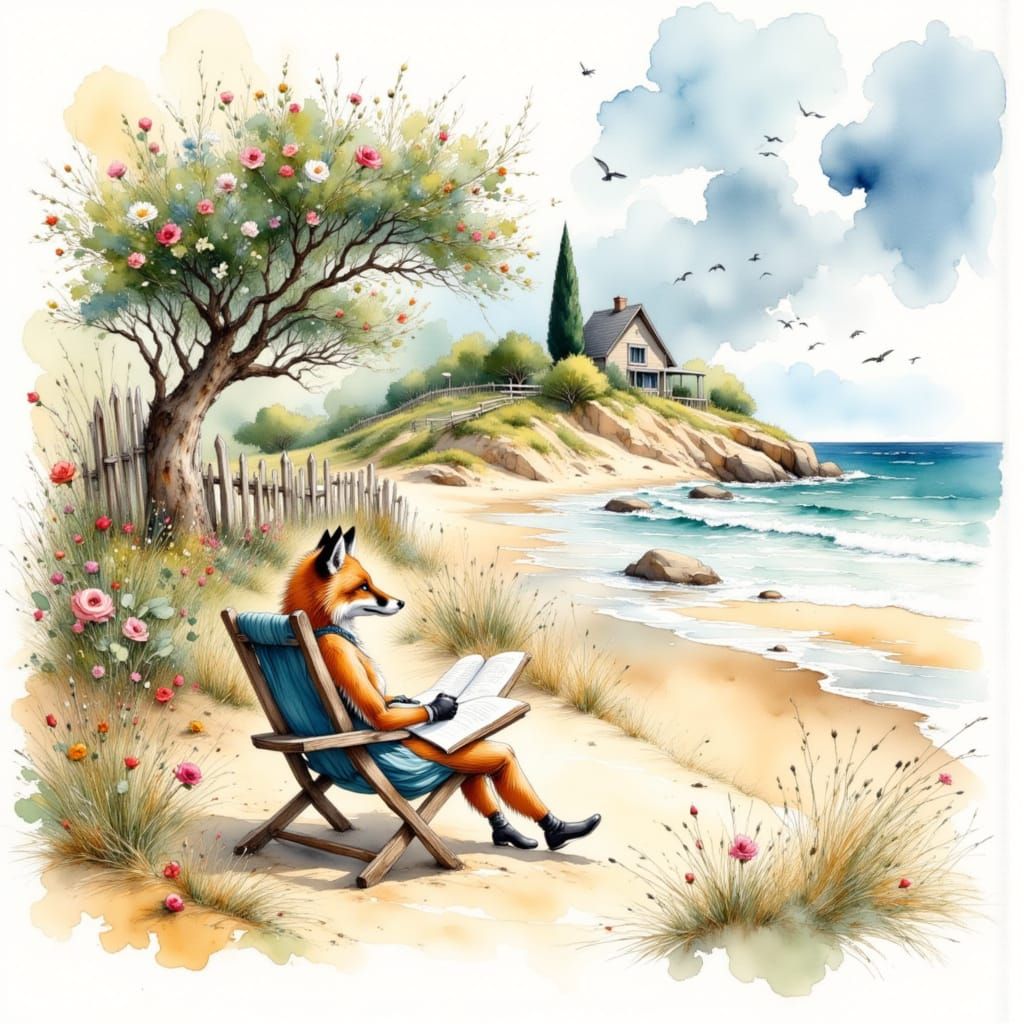 Watercolor Cottage Scene with Fox Writer on Beach