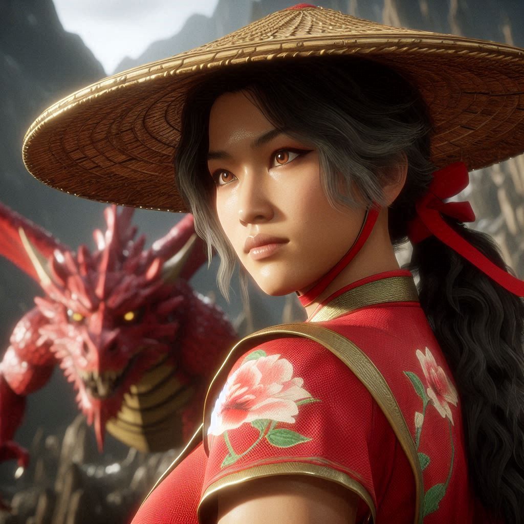 Kitana encountering a red dragon in prehistoric times