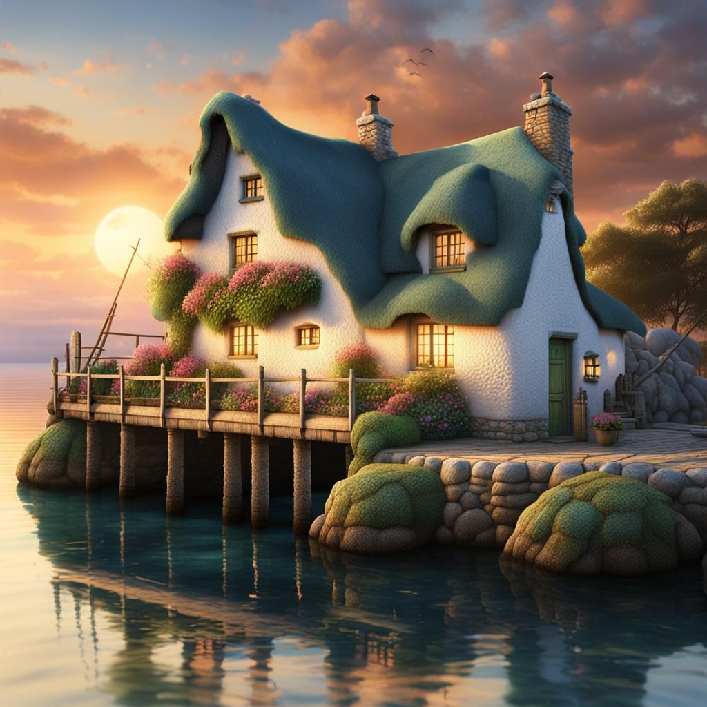 small white stone cottage with thatched roof on the pier of ...