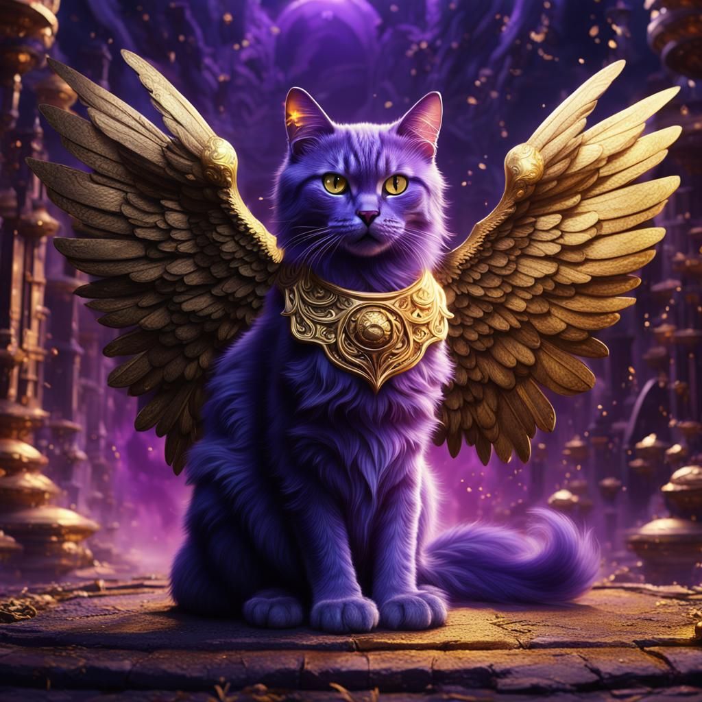 Winged Cat in Purple and Gold: Fantasy Art
