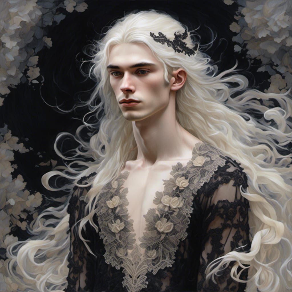 <lora:NC Hyperreal:1.0> young man, thin, pale skin, white long hair, black lace dress, ruffle dress, ...  by @Intensity Alexander