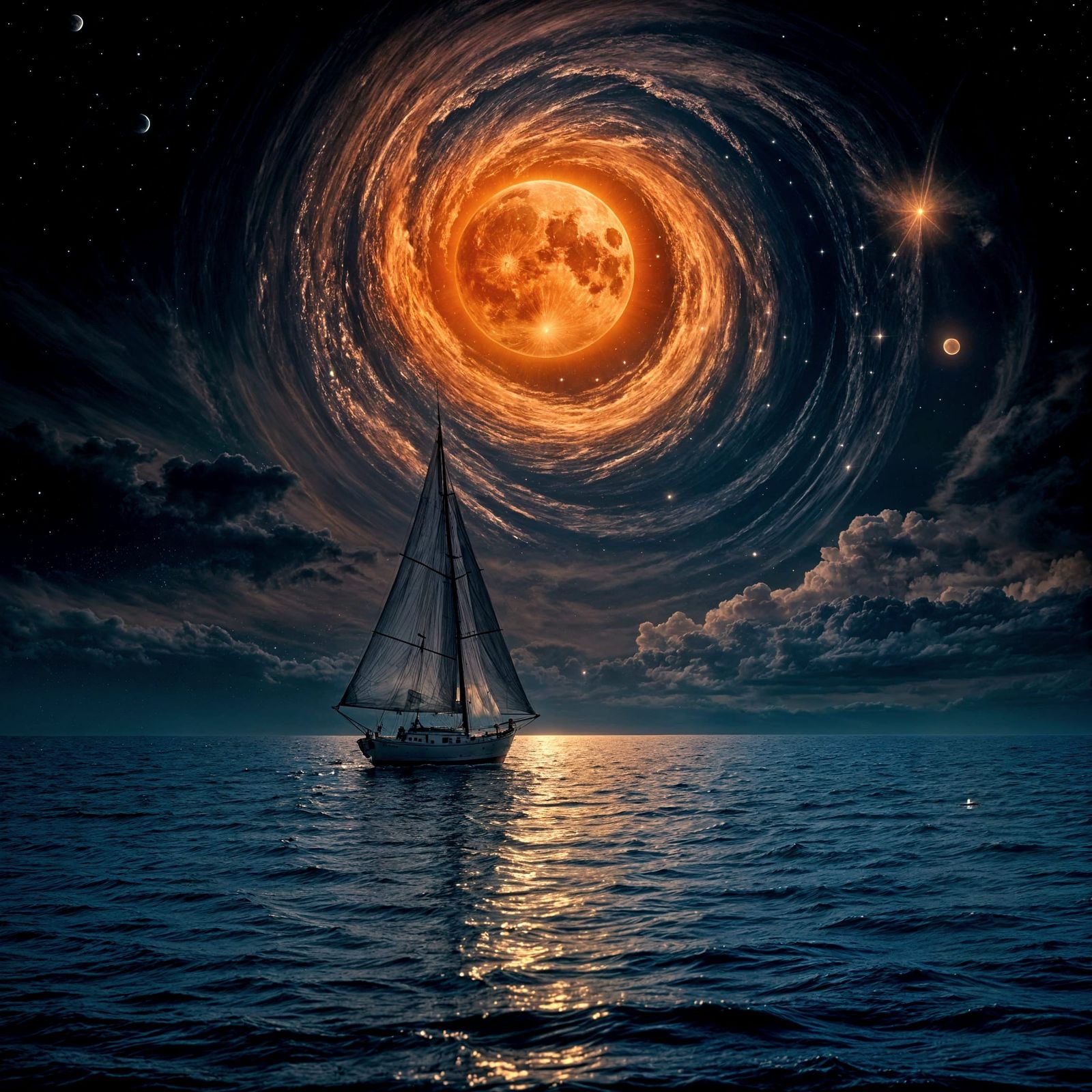 A vintage sailboat drifts on a calm, twilight sea, its sails catching the last rays of the bloody moon. ...  by @Inkspire