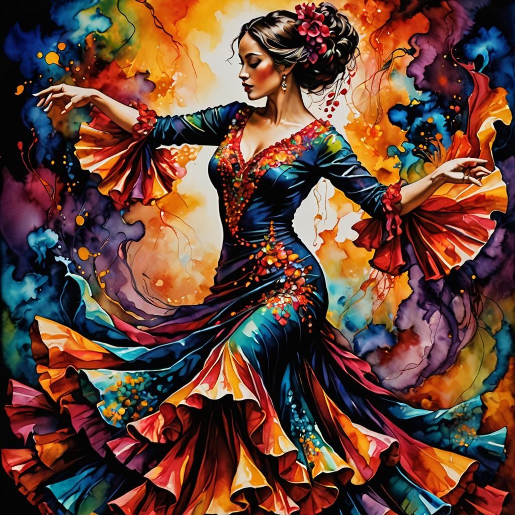 Flamenco Dancer, dramatic, triadic colors, insanely detailed, beautiful, alcohol inks, mixed media  by @Mirari