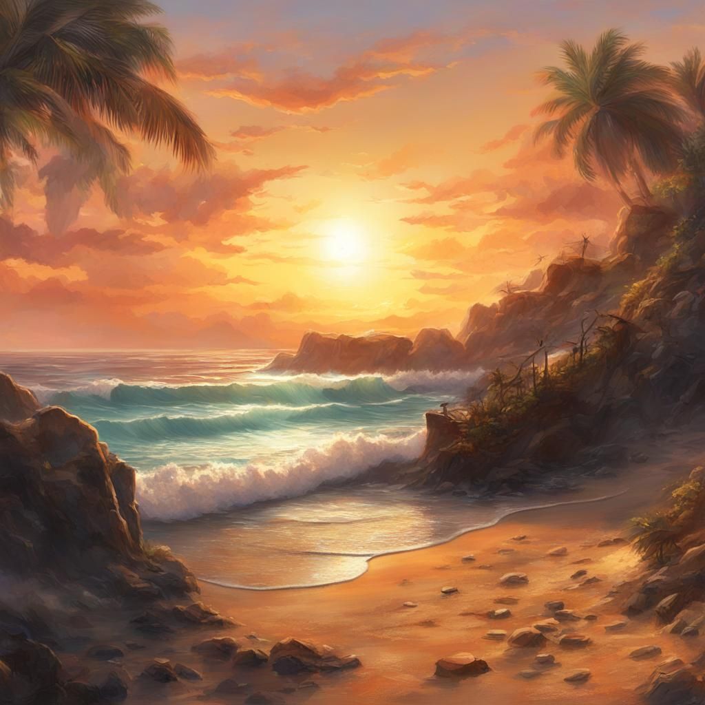 Una bellissima immagine  di un tramonto con il sole in una spiaggia ,



" pittura opaca dettagliata, colore intenso, fa...