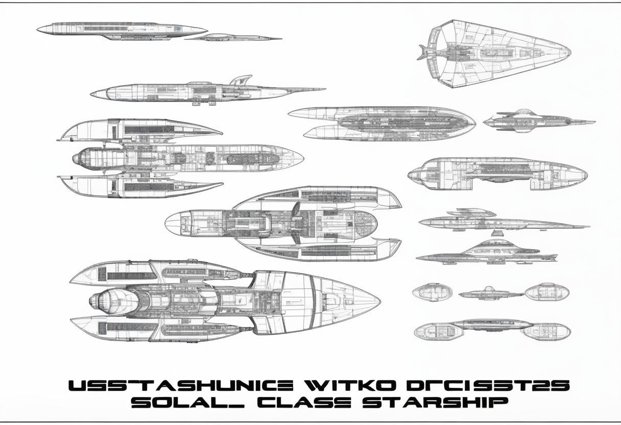 Technical schematics and blueprints of a futuristic spacecra...
