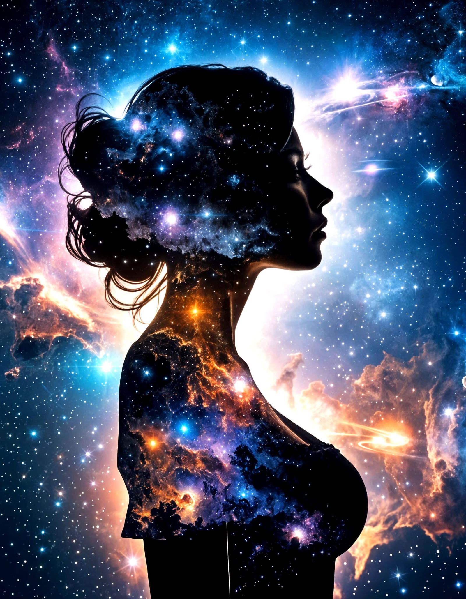 double exposure, galaxies, planets and millions of stars appear in the silhouette of a woman  by @Golem