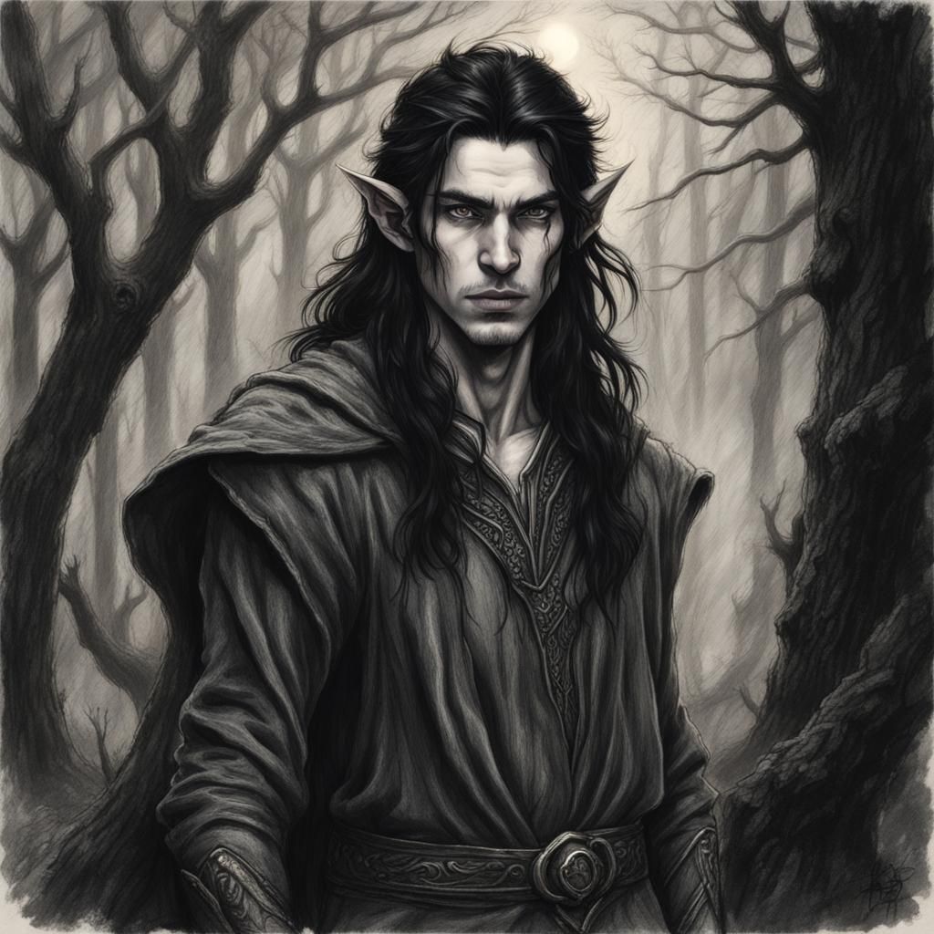 Male elf, pointy ears, long flowing black hair, amber eyes, fair ...