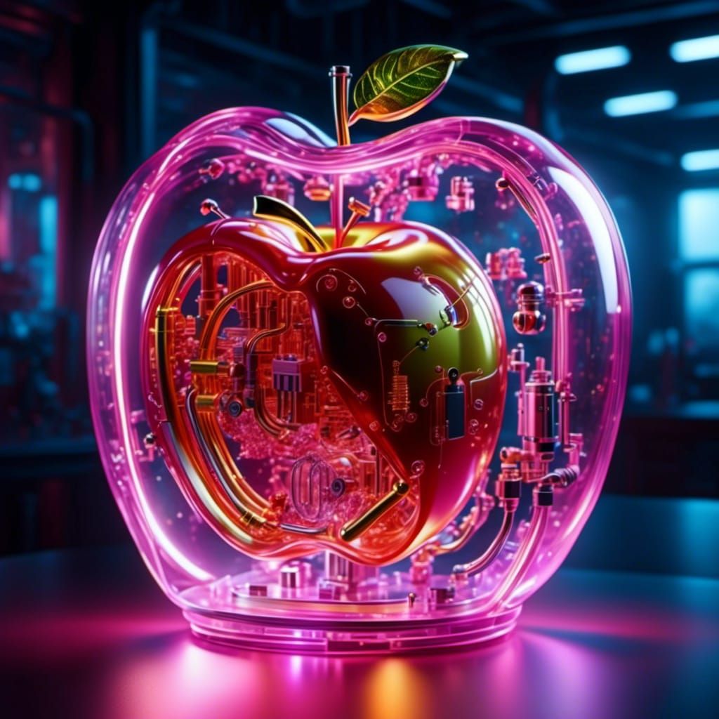realism, <lora:Cybernetics:1.0> cyber glass apple, soft glow,