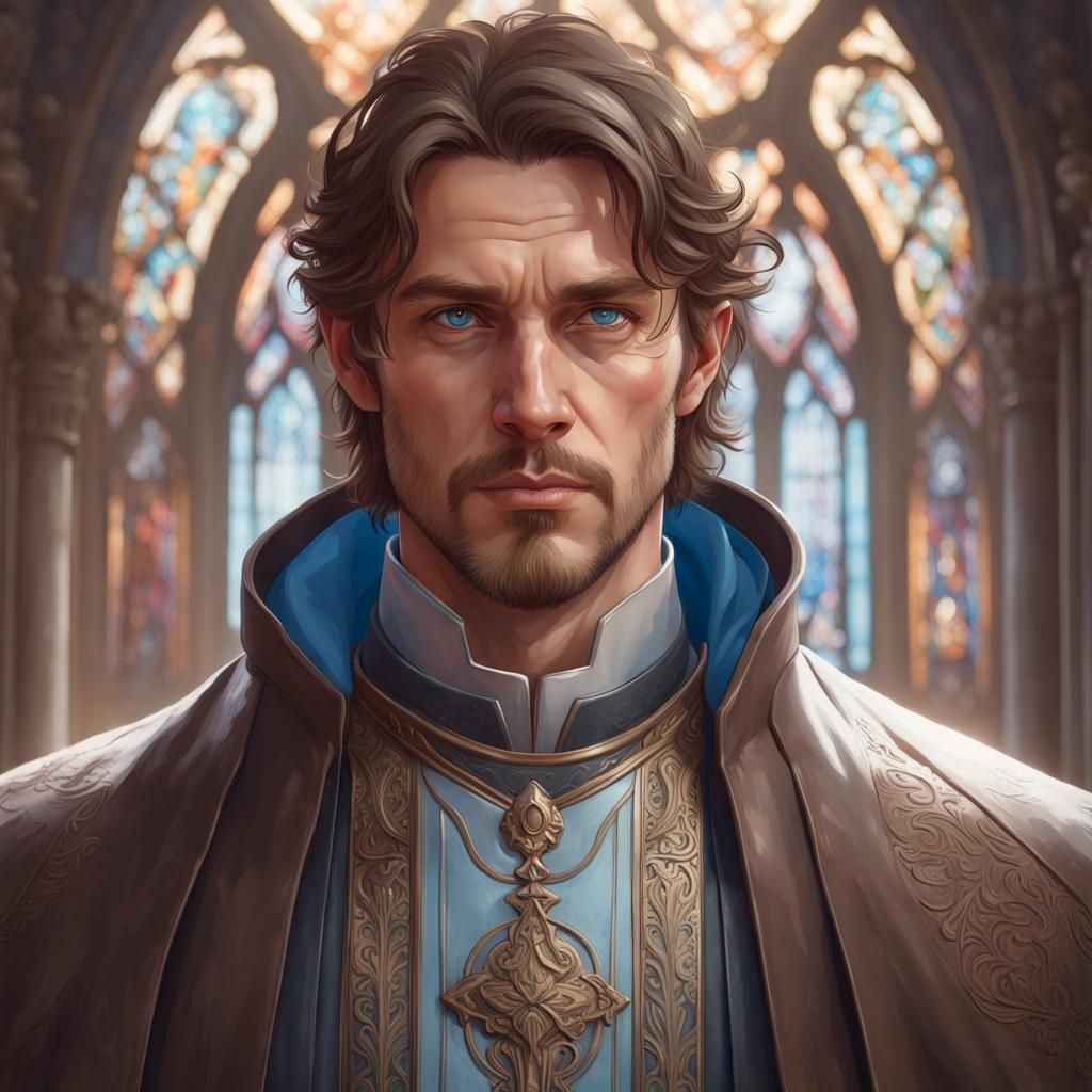 Male priest of magic with brown hair and blue eyes - AI Generated ...