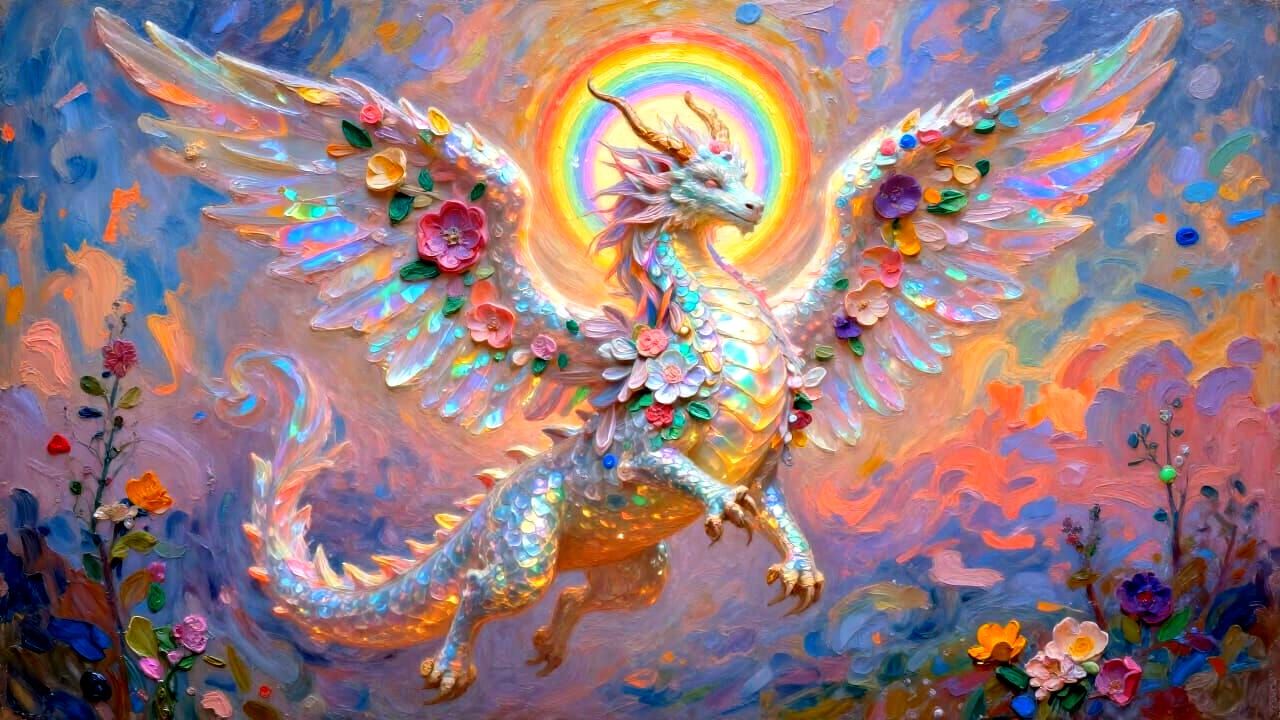 Holographic Dragon Over Iridescent Flower Landscape