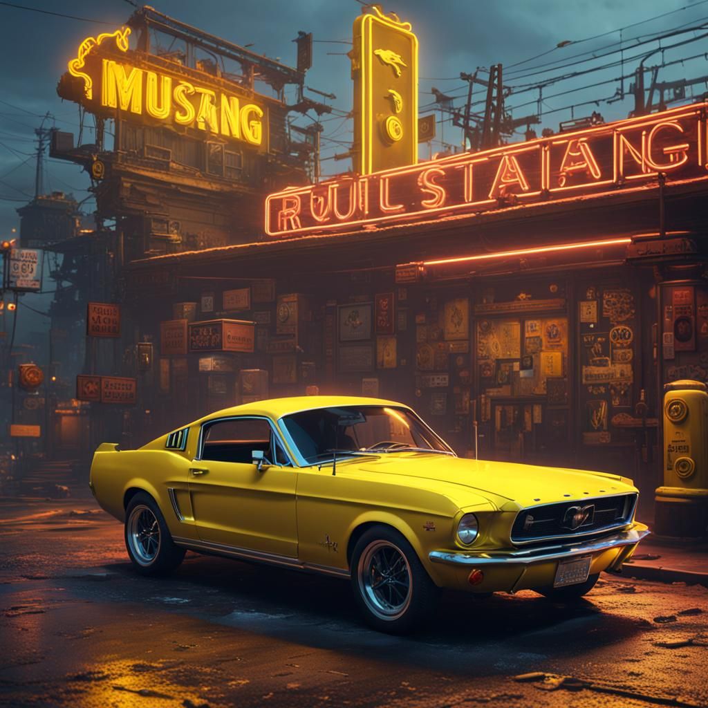 yellow mustang near a yellow neon sign