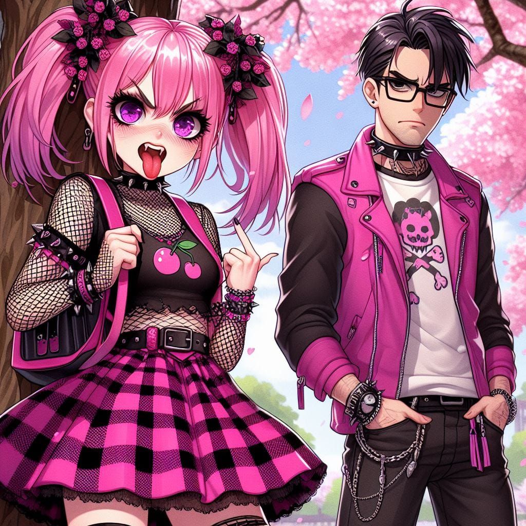 create an anime-style artwork featuring a cute punk girl and a stereotype nerdy guy in a cherry blossom field. The girl has pink hair in pig...