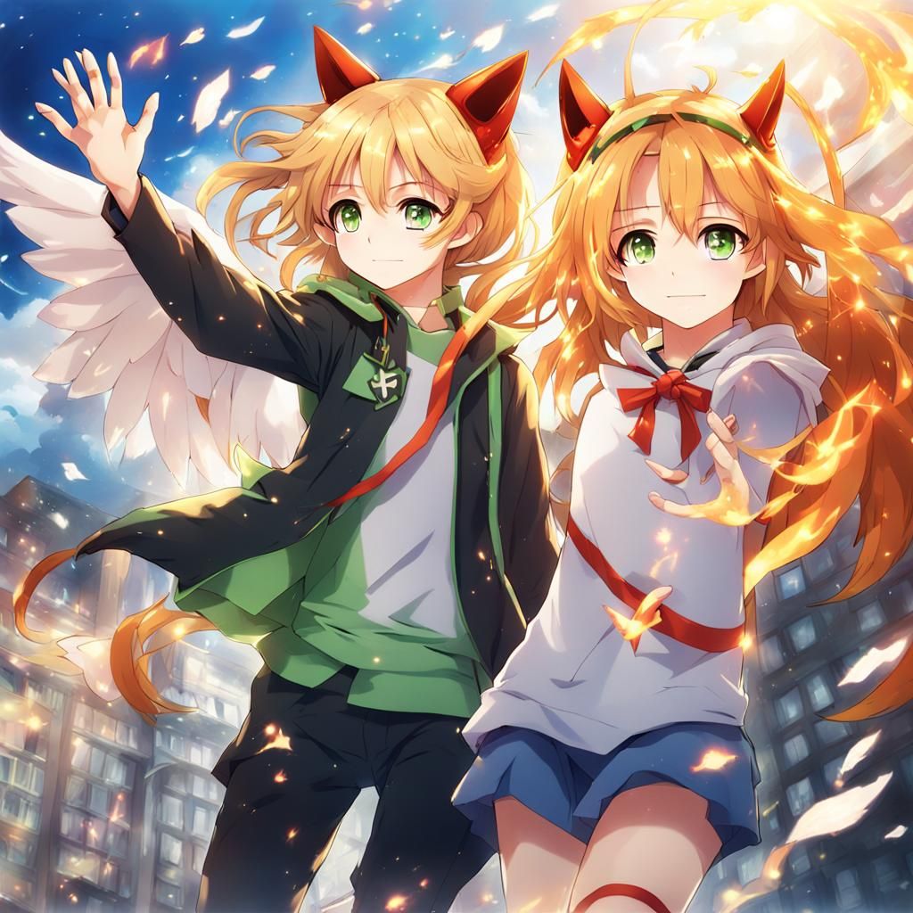 a girl with brown hair and green eyes and cat ears and Phoen...