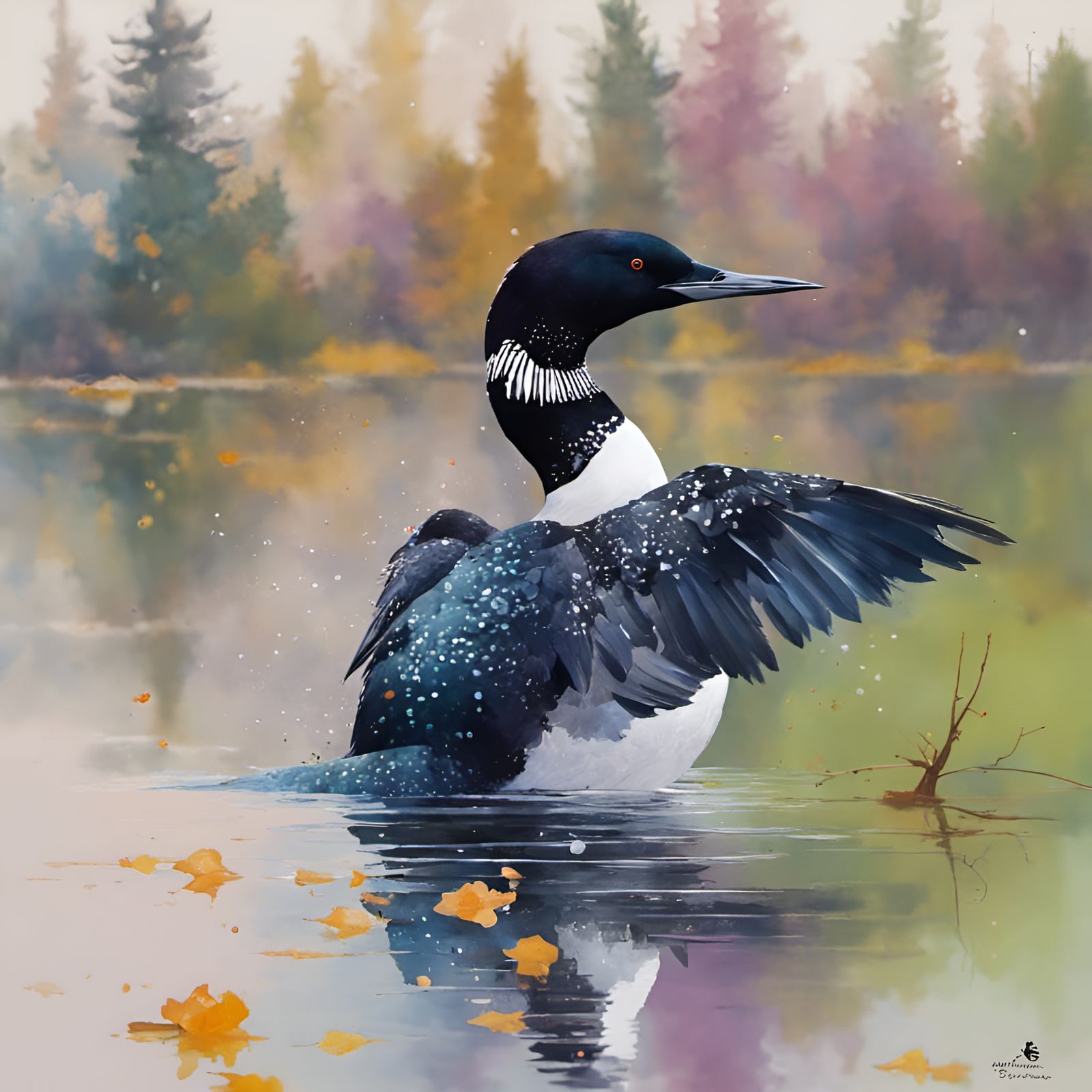Loon on golden pond, watercolor