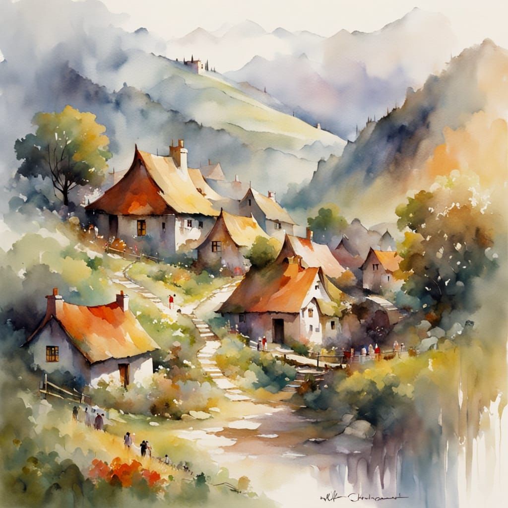 Hobbit Village in Watercolor Art Style