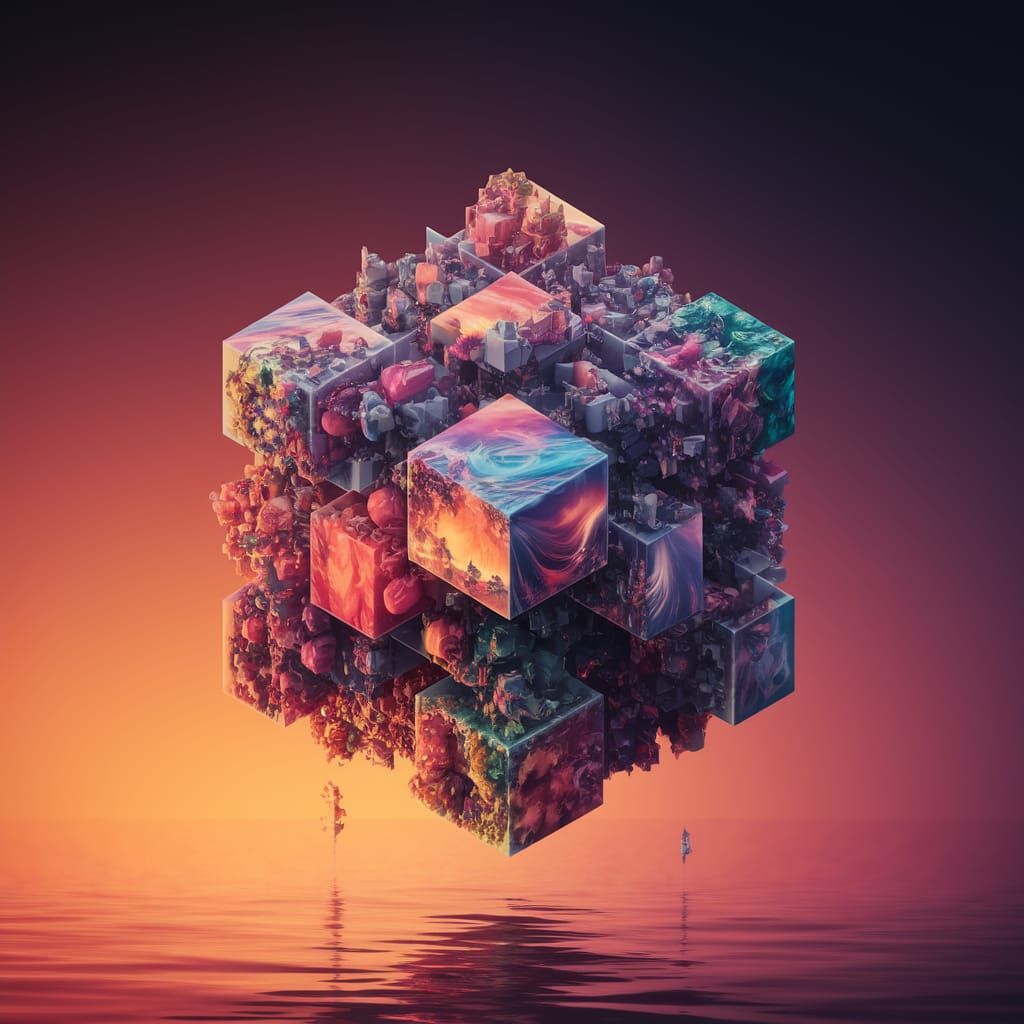 Quantum sunset cube,every smal cube is different picture,hyperdetailed,hypercomplex,surrealism  by @Muse