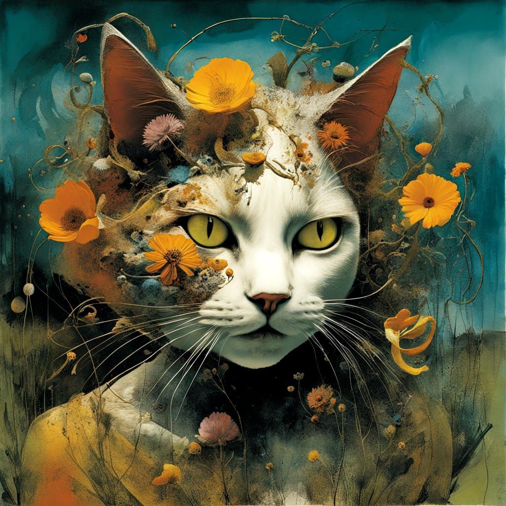 Whimsical Cat and Devil in Botanical Landscape