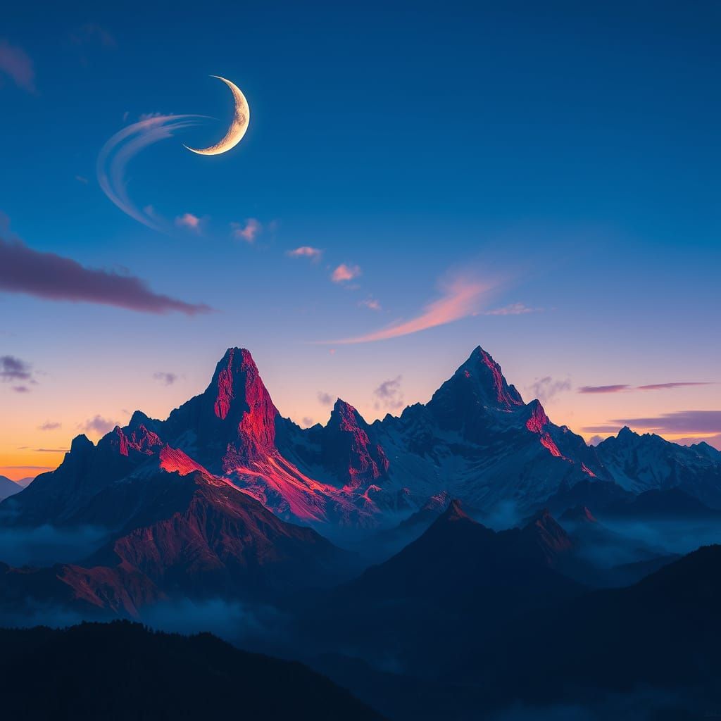 Surreal Mountain Range Under Vibrant Twilight Atmosphere