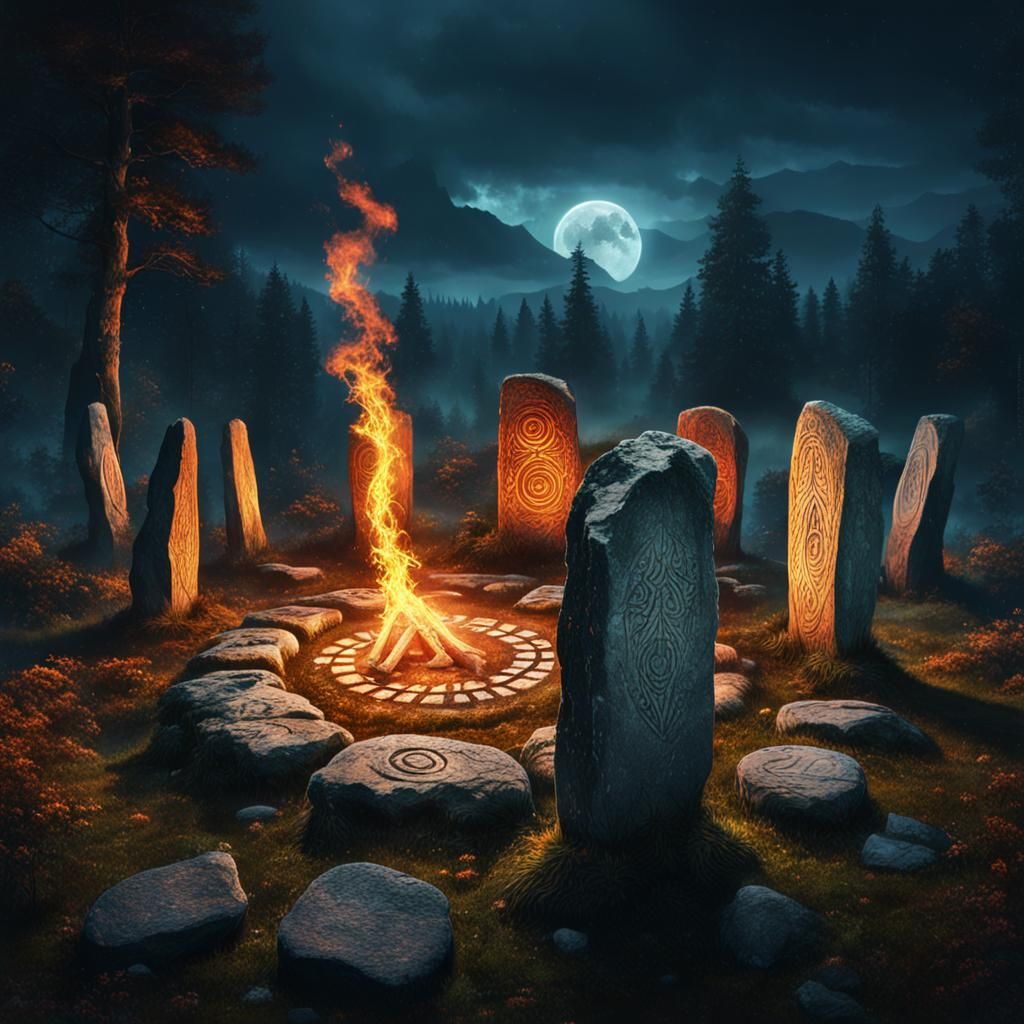 forest clearing at night, fire in the middle of circle of st...