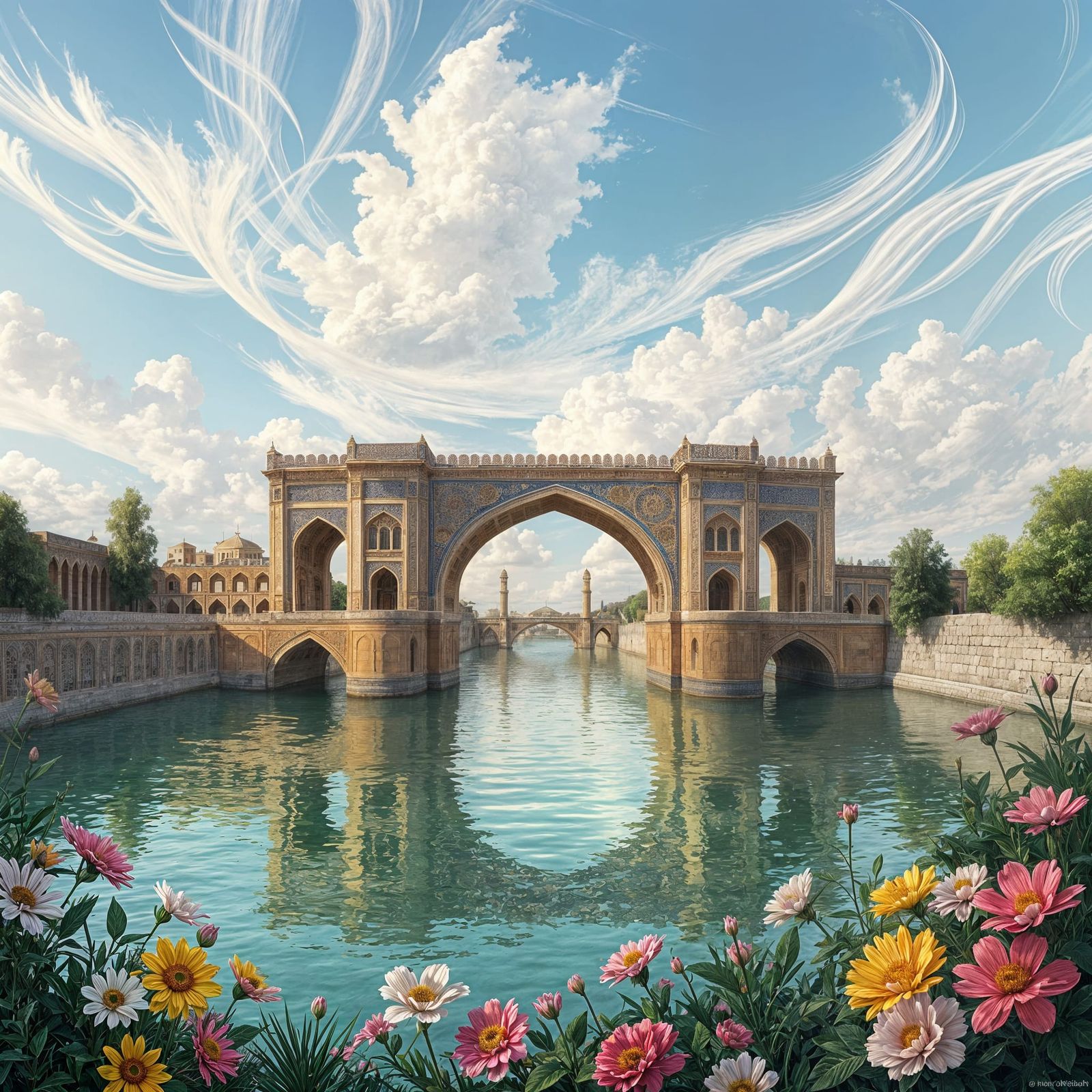 An image in the style of an Iranian painting of the historic 33rd Bridge over the Zayandeh Rood River ...  by @Kh-nagsh