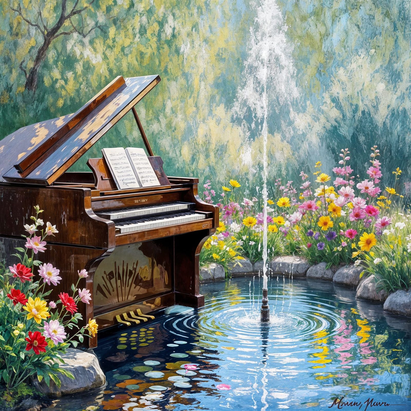 Organ Beside Water Fountain in Spring Flower Style