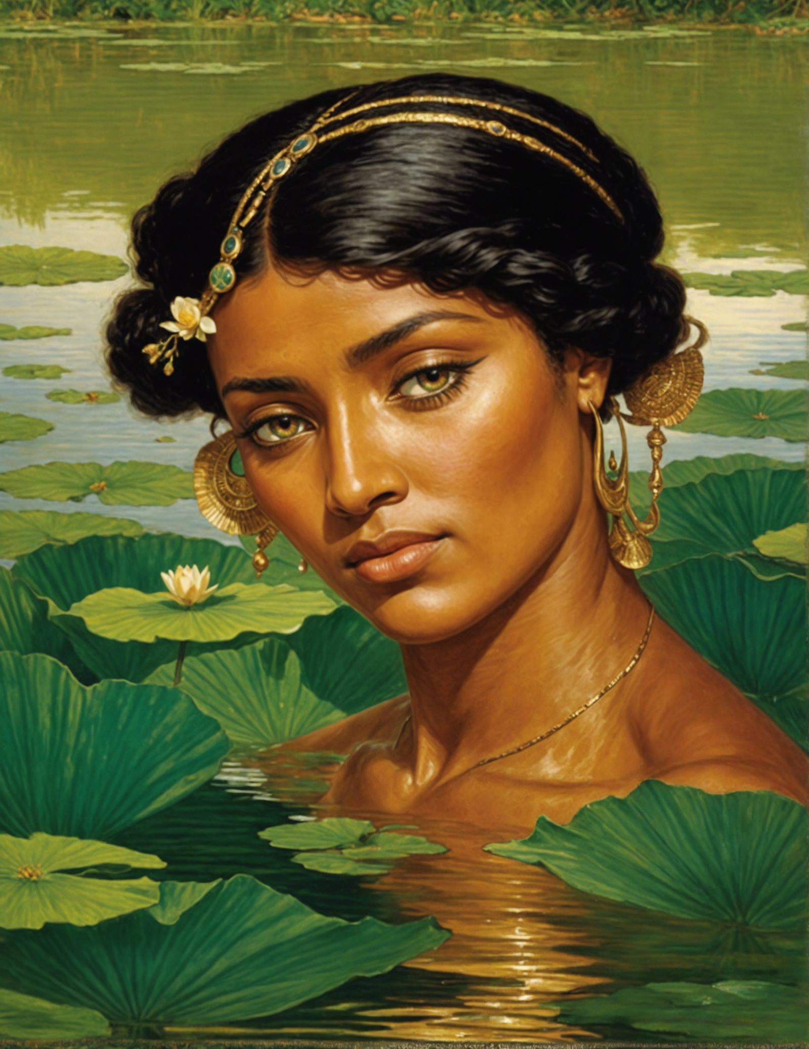 Ancient Egypt, beautiful graceful Nubian woman emerging from Nile river, water rivulets and reflection, ornamental lotus...