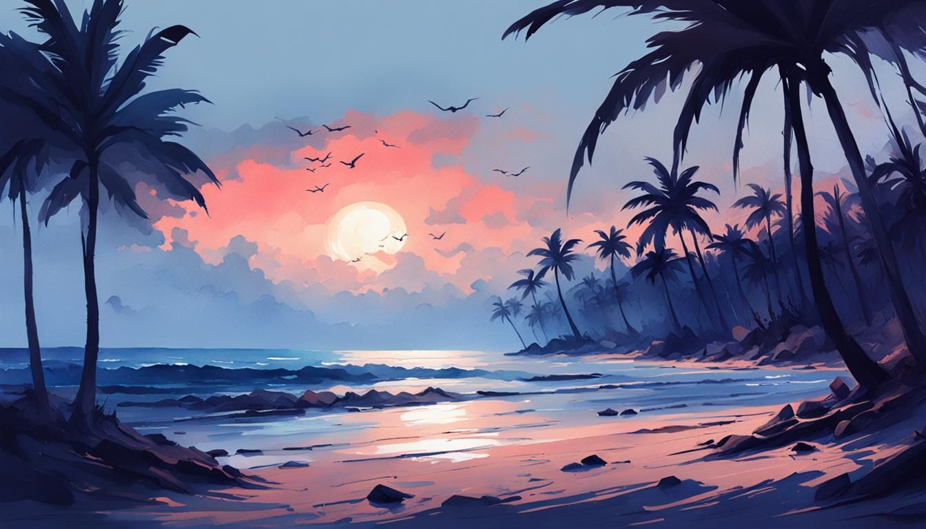 Tropical Sunrise Beach Watercolor Painting