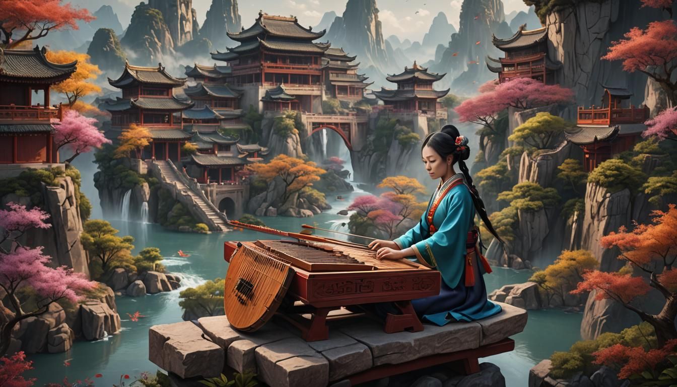 a beautiful colorful china  panaromic view landscape. a fema...