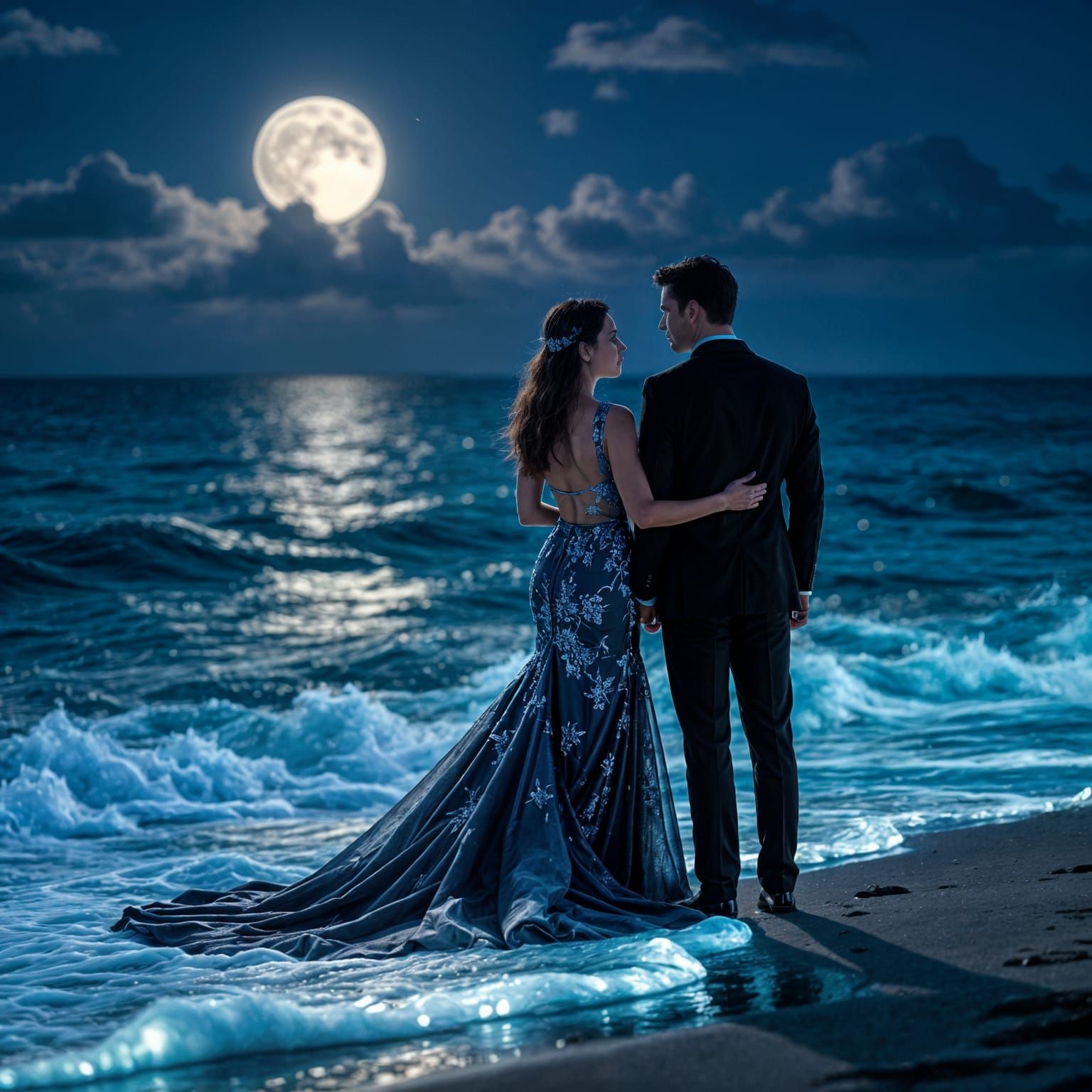 Gorgeous man and woman stand looking out at the sea they seem sad, it is nighttime, the sea foam is shimmering ...  by @Keri