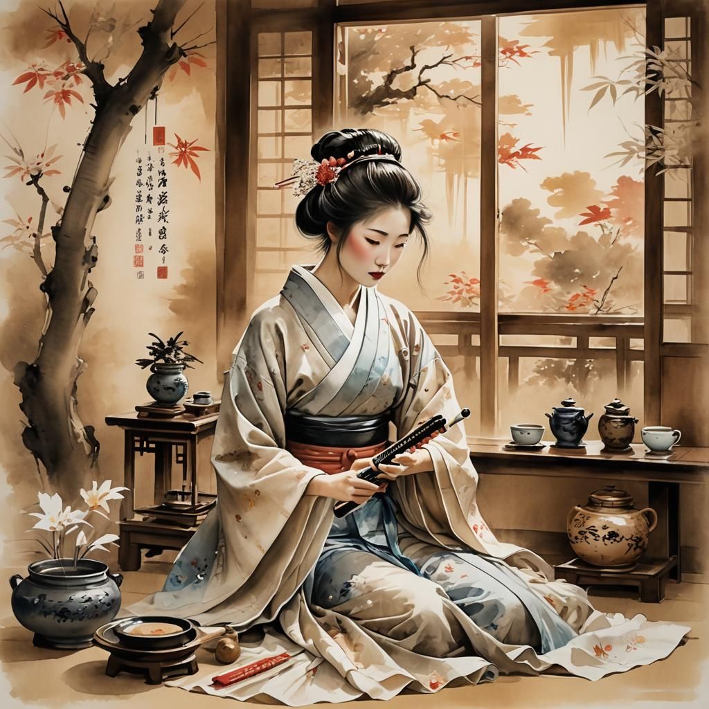 Geisha playing the shamisen .  by @Domy