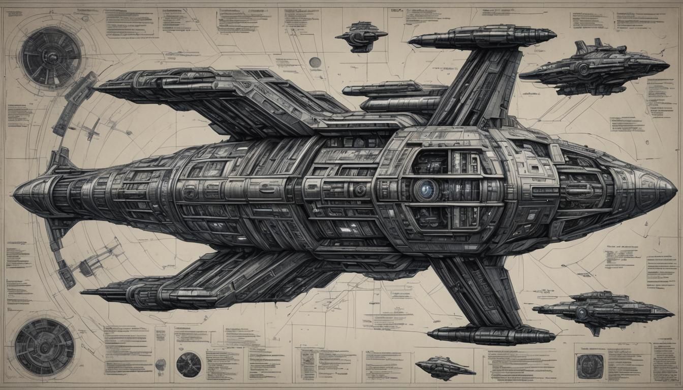 Blueprint of a massive interstellar spaceship, including war...