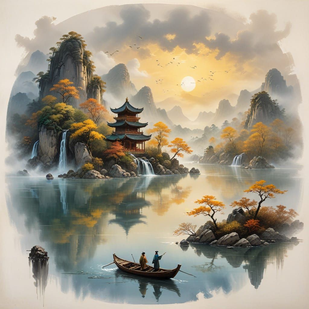 Serene Chinese Landscape Oil Painting with Waterfall