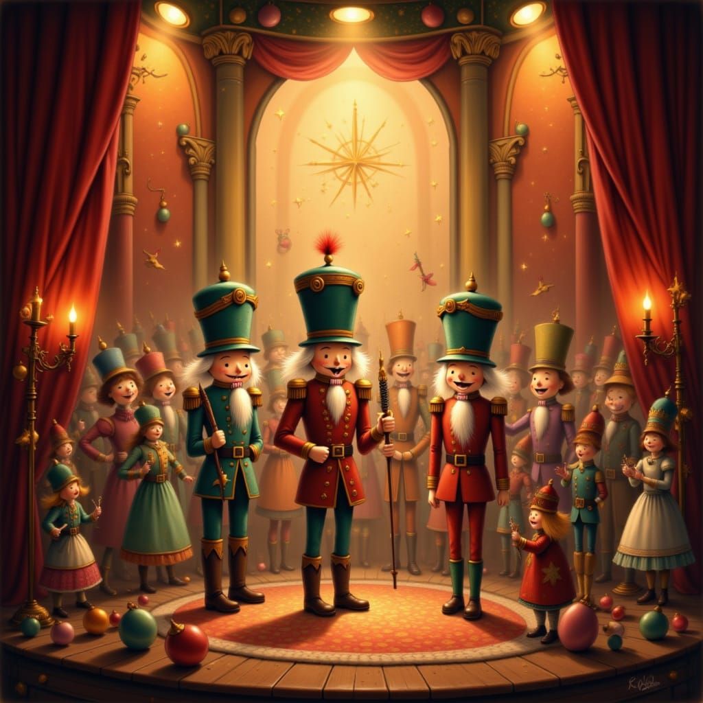 <lora:Storybook Christmas:1.0> Nutcracker soldiers dancing on stage in a cozy theatre