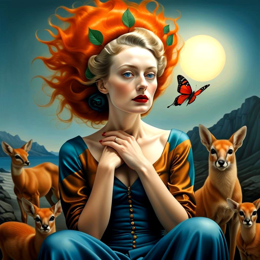 Stunning Surrealistic Portrait of a Lady in Vibrant Surround...