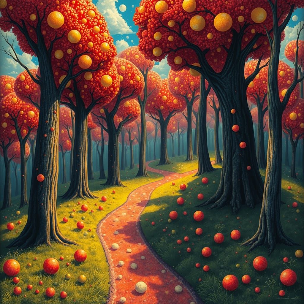 imagine a surreal landscape where towering trees are adorned with giant, colorful polka dots, their leaves ...  by @ Jennifer