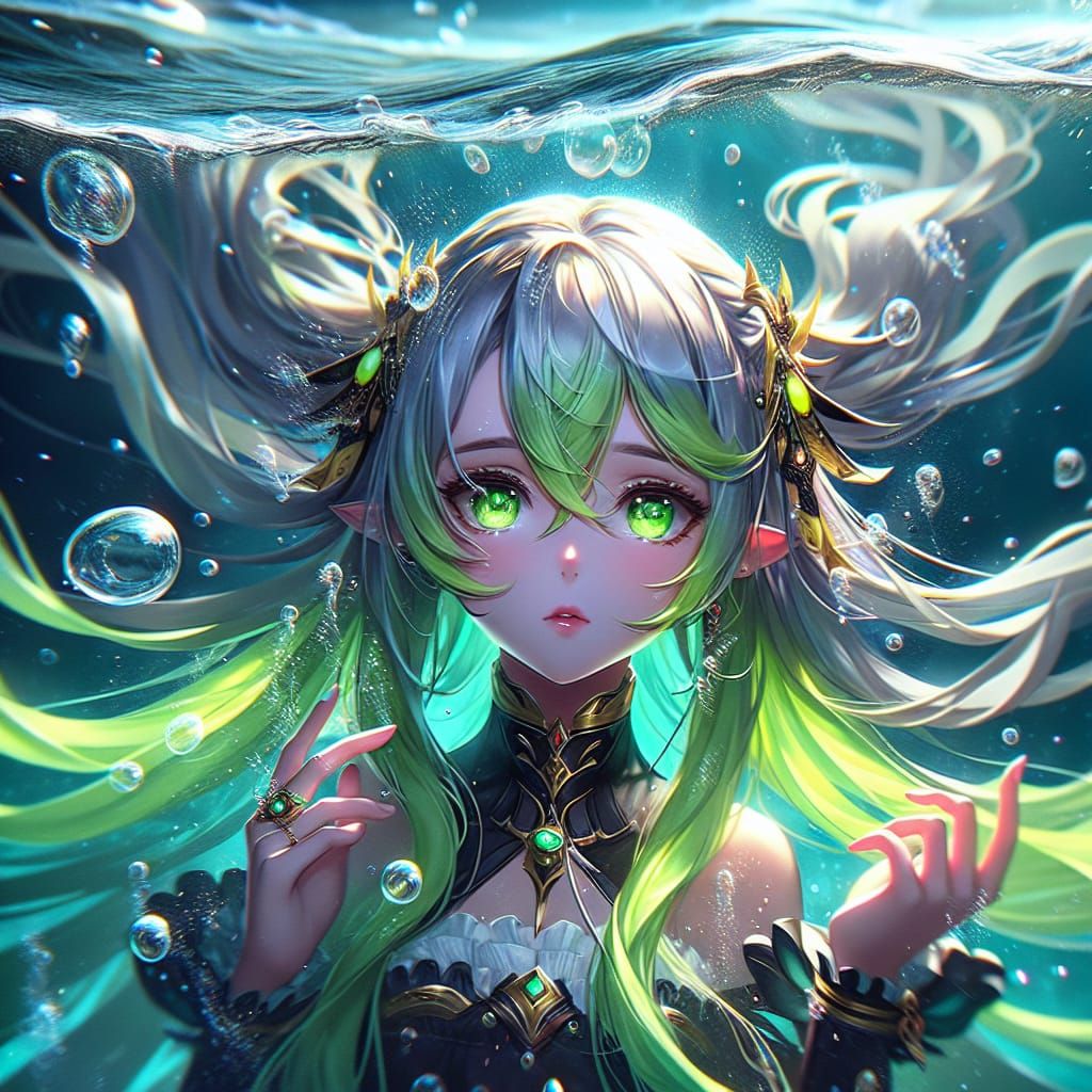 Anime girl with long lime green hair and bright green eyes s...
